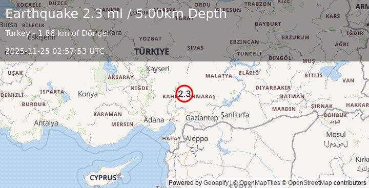Earthquake CENTRAL TURKEY (2.3 ml) (2025-11-25 02:57:54 UTC)