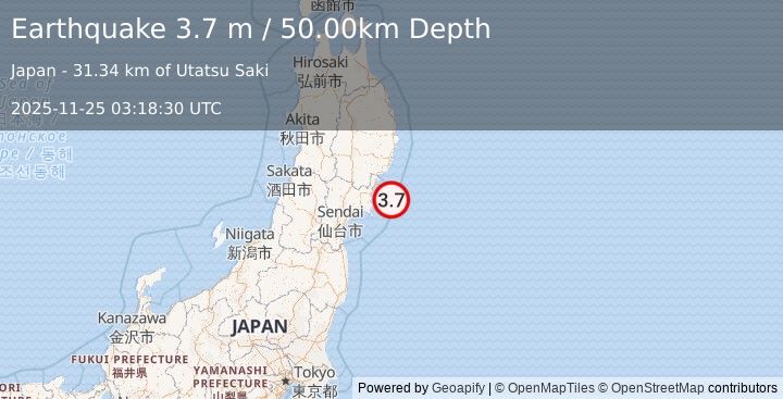 Earthquake NEAR EAST COAST OF HONSHU, JAPAN (3.7 m) (2025-11-25 03:18:30 UTC)