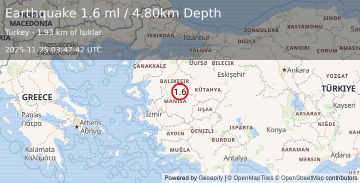 Earthquake WESTERN TURKEY (1.6 ml) (2025-11-25 03:47:42 UTC)