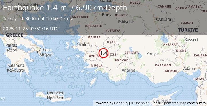 Earthquake WESTERN TURKEY (1.4 ml) (2025-11-25 03:52:16 UTC)