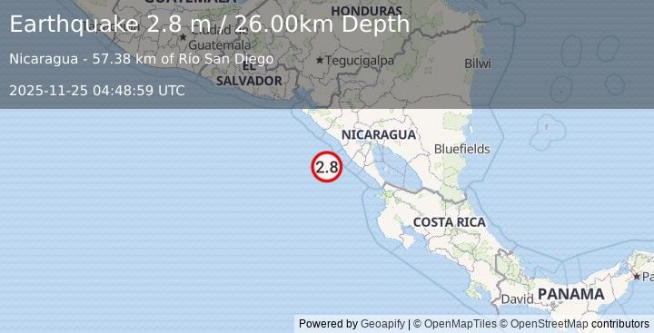 Earthquake NEAR COAST OF NICARAGUA (2.8 m) (2025-11-25 04:48:59 UTC)