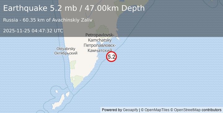 Earthquake OFF EAST COAST OF KAMCHATKA (5.0 mb) (2025-11-25 04:47:30 UTC)