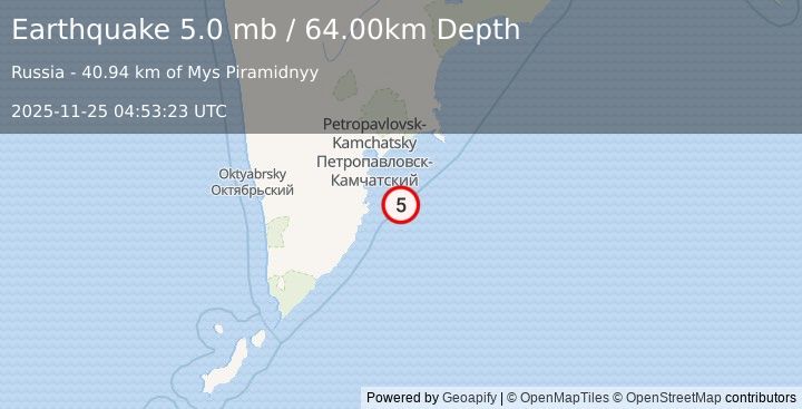 Earthquake OFF EAST COAST OF KAMCHATKA (4.9 mb) (2025-11-25 04:53:20 UTC)