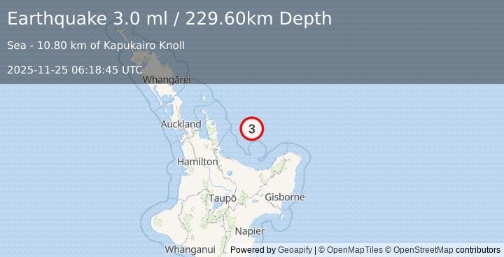 Earthquake OFF E. COAST OF N. ISLAND, N.Z. (3.0 ml) (2025-11-25 06:18:45 UTC)