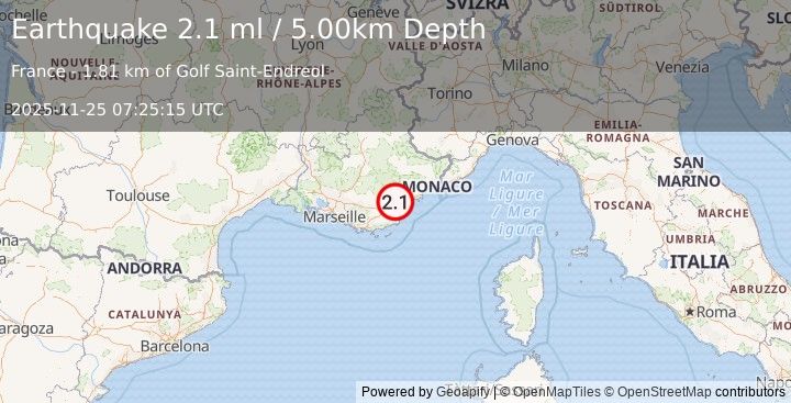Earthquake NEAR SOUTH COAST OF FRANCE (2.1 ml) (2025-11-25 07:25:15 UTC)