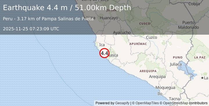 Earthquake NEAR COAST OF CENTRAL PERU (4.4 m) (2025-11-25 07:23:09 UTC)