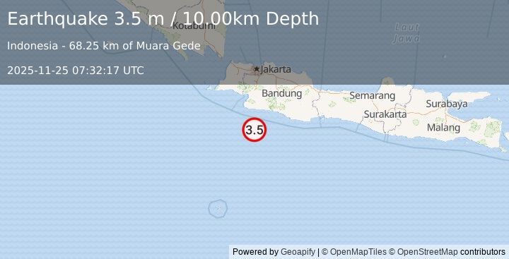 Earthquake SOUTH OF JAVA, INDONESIA (3.5 m) (2025-11-25 07:32:17 UTC)