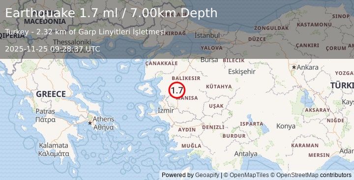 Earthquake WESTERN TURKEY (1.7 ml) (2025-11-25 09:28:37 UTC)