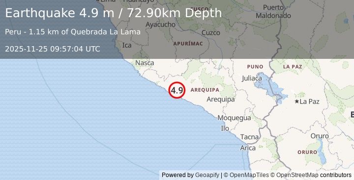 Earthquake NEAR COAST OF SOUTHERN PERU (4.9 m) (2025-11-25 09:57:04 UTC)