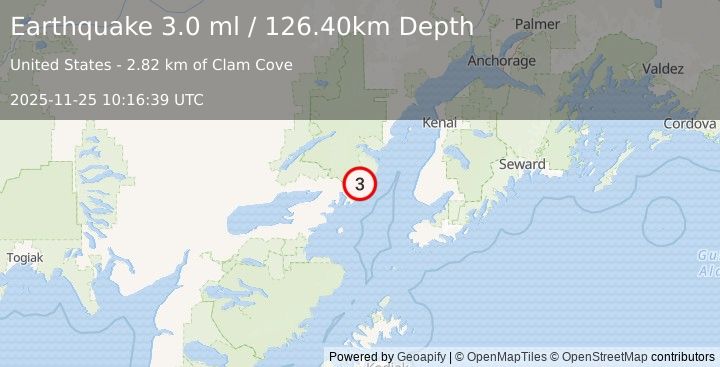 Earthquake SOUTHERN ALASKA (3.0 ml) (2025-11-25 10:16:39 UTC)