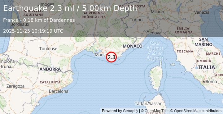 Earthquake NEAR SOUTH COAST OF FRANCE (2.3 ml) (2025-11-25 10:19:19 UTC)