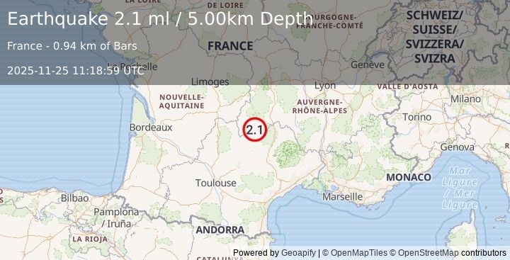 Earthquake FRANCE (2.1 ml) (2025-11-25 11:18:59 UTC)