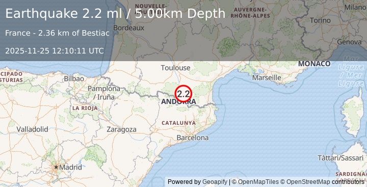 Earthquake PYRENEES (2.2 ml) (2025-11-25 12:10:11 UTC)