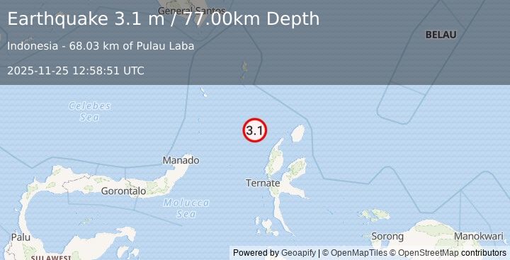 Earthquake MOLUCCA SEA (3.1 m) (2025-11-25 12:58:51 UTC)