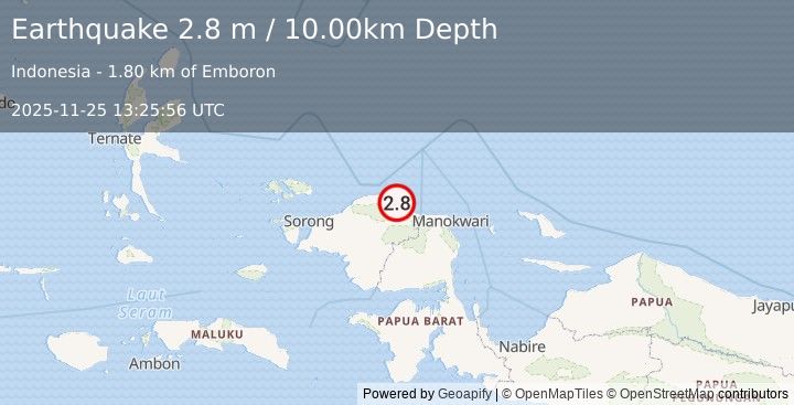Earthquake NEAR N COAST OF PAPUA, INDONESIA (2.8 m) (2025-11-25 13:25:56 UTC)