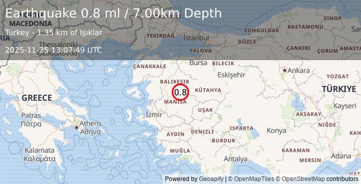 Earthquake WESTERN TURKEY (0.8 ml) (2025-11-25 13:07:49 UTC)