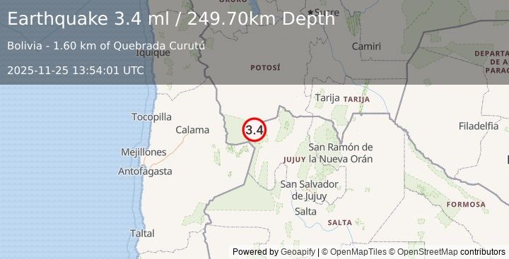 Earthquake POTOSI, BOLIVIA (3.4 ml) (2025-11-25 13:54:01 UTC)