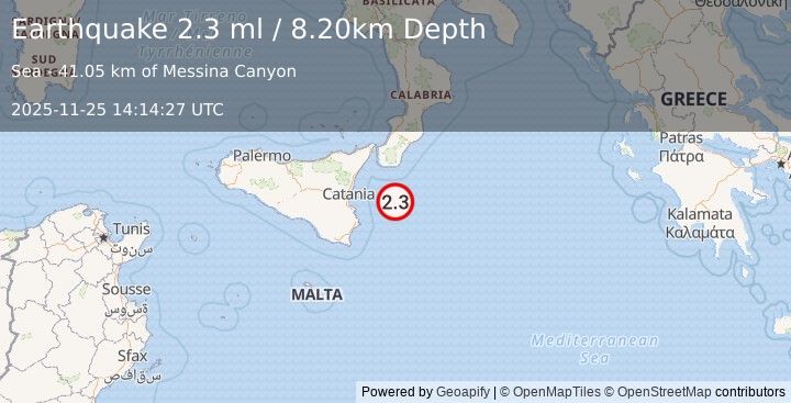 Earthquake IONIAN SEA (2.3 ml) (2025-11-25 14:14:27 UTC)