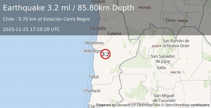 Earthquake ANTOFAGASTA, CHILE (3.2 ml) (2025-11-25 17:10:28 UTC)
