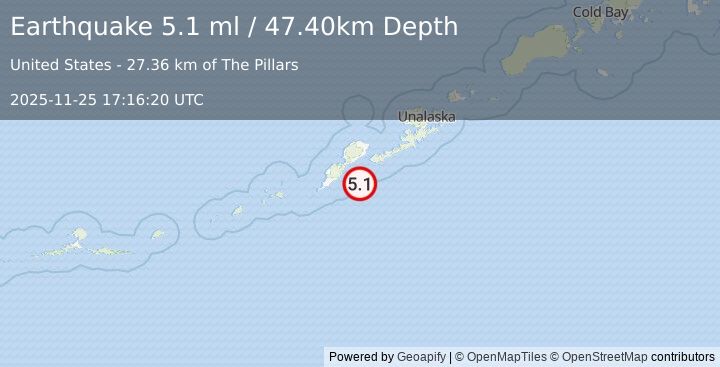 Earthquake FOX ISLANDS, ALEUTIAN ISLANDS (5.0 mw) (2025-11-25 17:16:21 UTC)