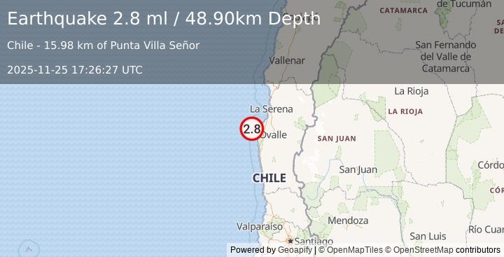 Earthquake OFFSHORE COQUIMBO, CHILE (2.8 ml) (2025-11-25 17:26:27 UTC)