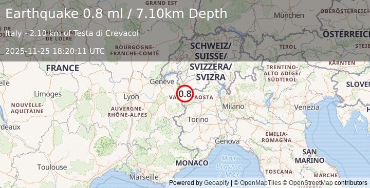 Earthquake NORTHERN ITALY (0.8 ml) (2025-11-25 18:20:11 UTC)