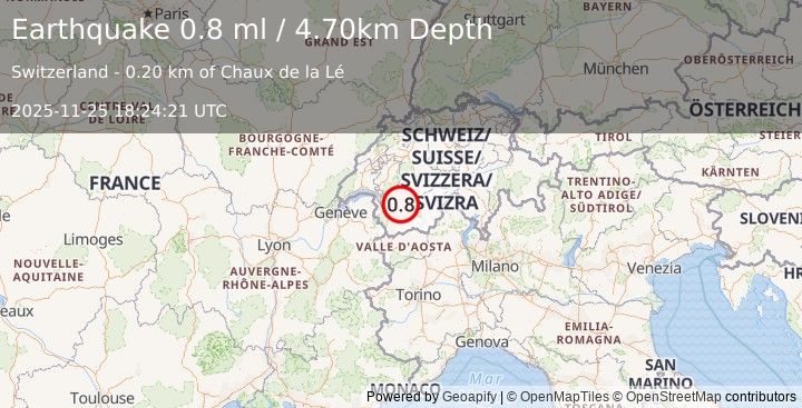 Earthquake SWITZERLAND (0.8 ml) (2025-11-25 18:24:21 UTC)