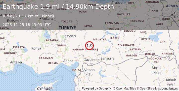 Earthquake CENTRAL TURKEY (1.9 ml) (2025-11-25 18:43:03 UTC)