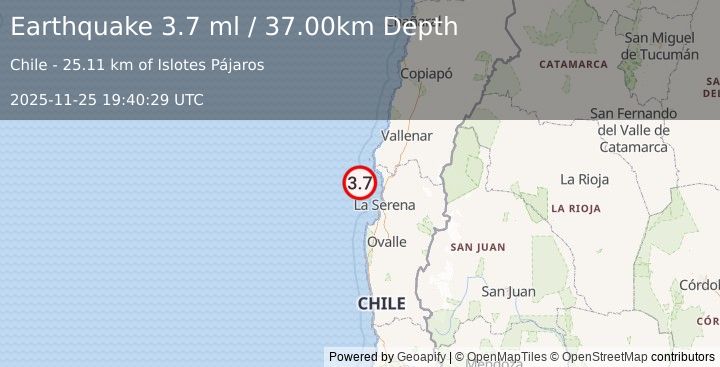 Earthquake OFFSHORE COQUIMBO, CHILE (3.6 ml) (2025-11-25 19:40:30 UTC)