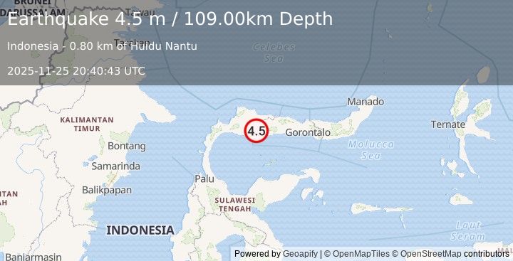 Earthquake MINAHASA, SULAWESI, INDONESIA (4.5 m) (2025-11-25 20:40:43 UTC)