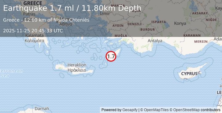 Earthquake DODECANESE IS.-TURKEY BORDER REG (1.7 ml) (2025-11-25 20:45:35 UTC)