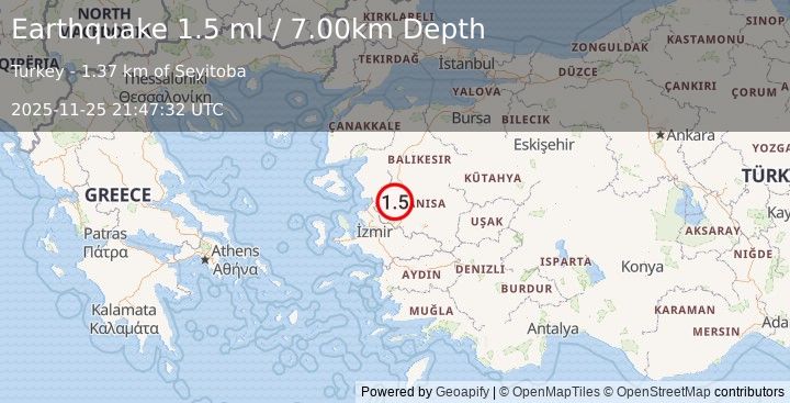 Earthquake WESTERN TURKEY (1.5 ml) (2025-11-25 21:47:32 UTC)