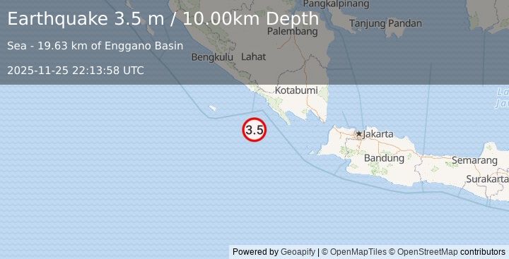 Earthquake SOUTHWEST OF SUMATRA, INDONESIA (3.5 m) (2025-11-25 22:13:58 UTC)