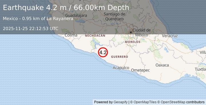 Earthquake GUERRERO, MEXICO (4.2 m) (2025-11-25 22:12:53 UTC)