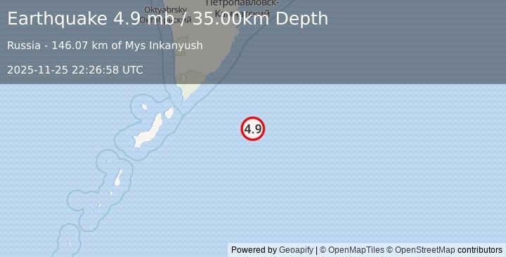 Earthquake EAST OF KURIL ISLANDS (4.9 mb) (2025-11-25 22:26:53 UTC)