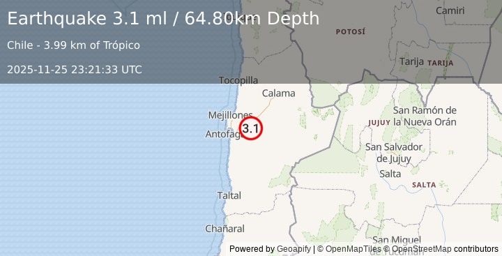 Earthquake ANTOFAGASTA, CHILE (3.1 ml) (2025-11-25 23:21:33 UTC)