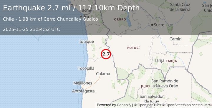 Earthquake ANTOFAGASTA, CHILE (2.7 ml) (2025-11-25 23:54:52 UTC)