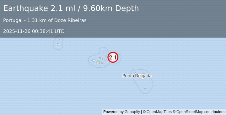 Earthquake AZORES ISLANDS, PORTUGAL (2.1 ml) (2025-11-26 00:38:41 UTC)