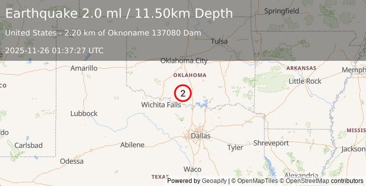 Earthquake OKLAHOMA (2.0 ml) (2025-11-26 01:37:27 UTC)