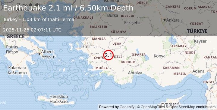Earthquake WESTERN TURKEY (2.1 ml) (2025-11-26 02:07:11 UTC)