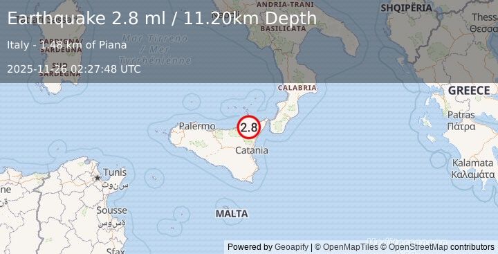 Earthquake SICILY, ITALY (2.8 ml) (2025-11-26 02:27:48 UTC)