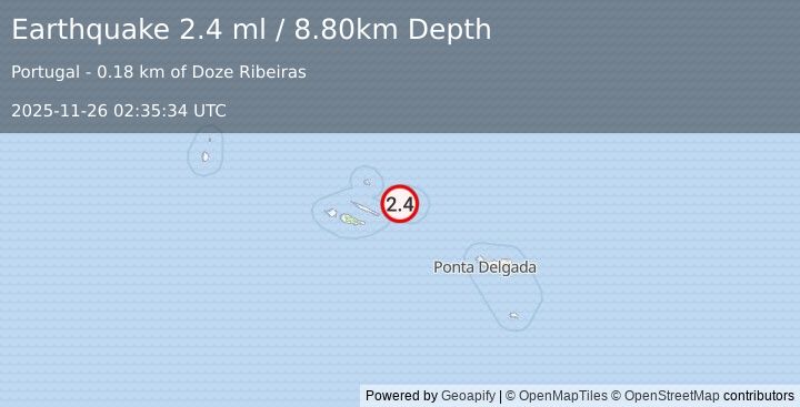 Earthquake AZORES ISLANDS, PORTUGAL (2.4 ml) (2025-11-26 02:35:34 UTC)