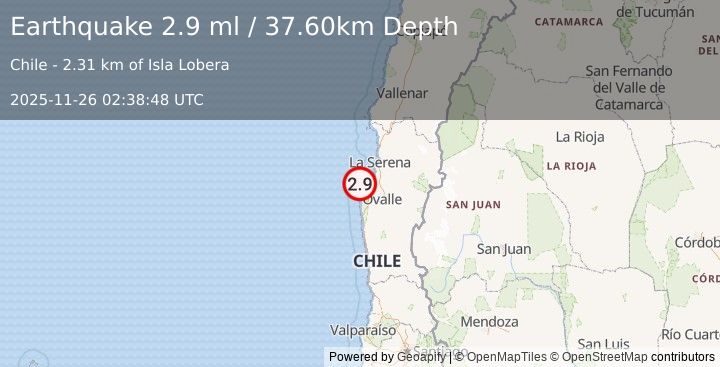 Earthquake OFFSHORE COQUIMBO, CHILE (2.9 ml) (2025-11-26 02:38:48 UTC)