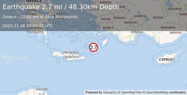 Earthquake DODECANESE ISLANDS, GREECE (2.7 ml) (2025-11-26 02:47:22 UTC)