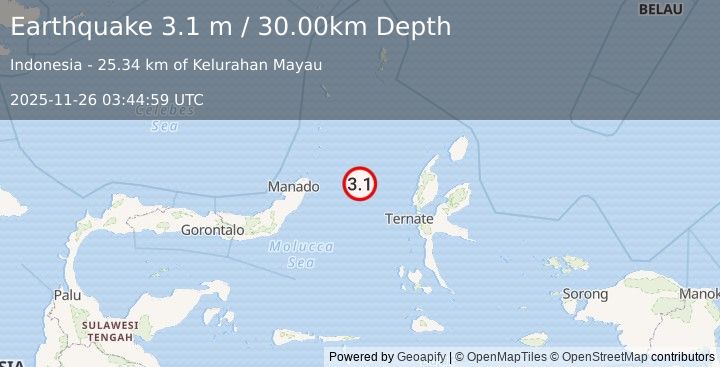Earthquake MOLUCCA SEA (3.1 m) (2025-11-26 03:44:59 UTC)