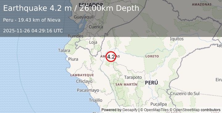 Earthquake NORTHERN PERU (4.2 m) (2025-11-26 04:29:16 UTC)