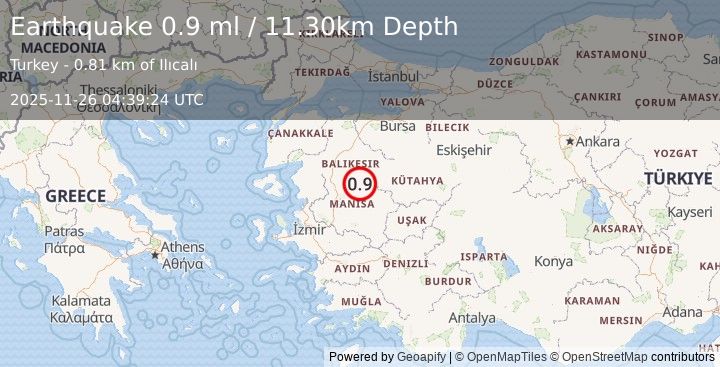 Earthquake WESTERN TURKEY (0.9 ml) (2025-11-26 04:39:24 UTC)