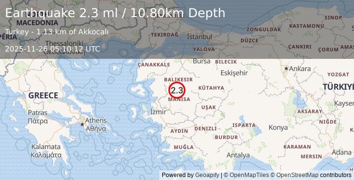 Earthquake WESTERN TURKEY (2.3 ml) (2025-11-26 05:10:12 UTC)