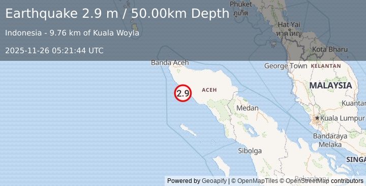 Earthquake NORTHERN SUMATRA, INDONESIA (2.9 m) (2025-11-26 05:21:44 UTC)