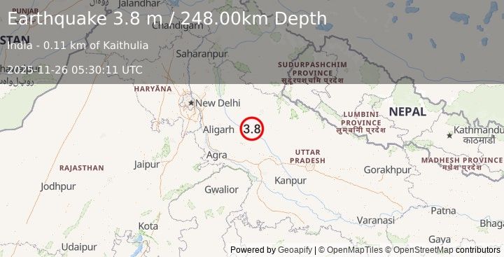 Earthquake UTTAR PRADESH, INDIA (3.8 m) (2025-11-26 05:30:11 UTC)